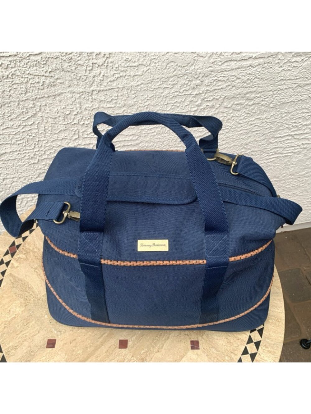 Tommy Bahama Mojito Blue Canvas Duffle Travel Bag Basketweave Trim Large - Picture 3 of 12